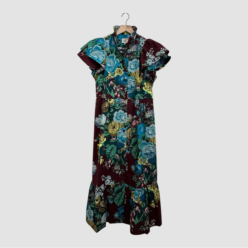 Tuckernuck Women Cotton Oxblood Blue Floral Alice Ruffled Collared Dress Size S - Picture 2 of 14